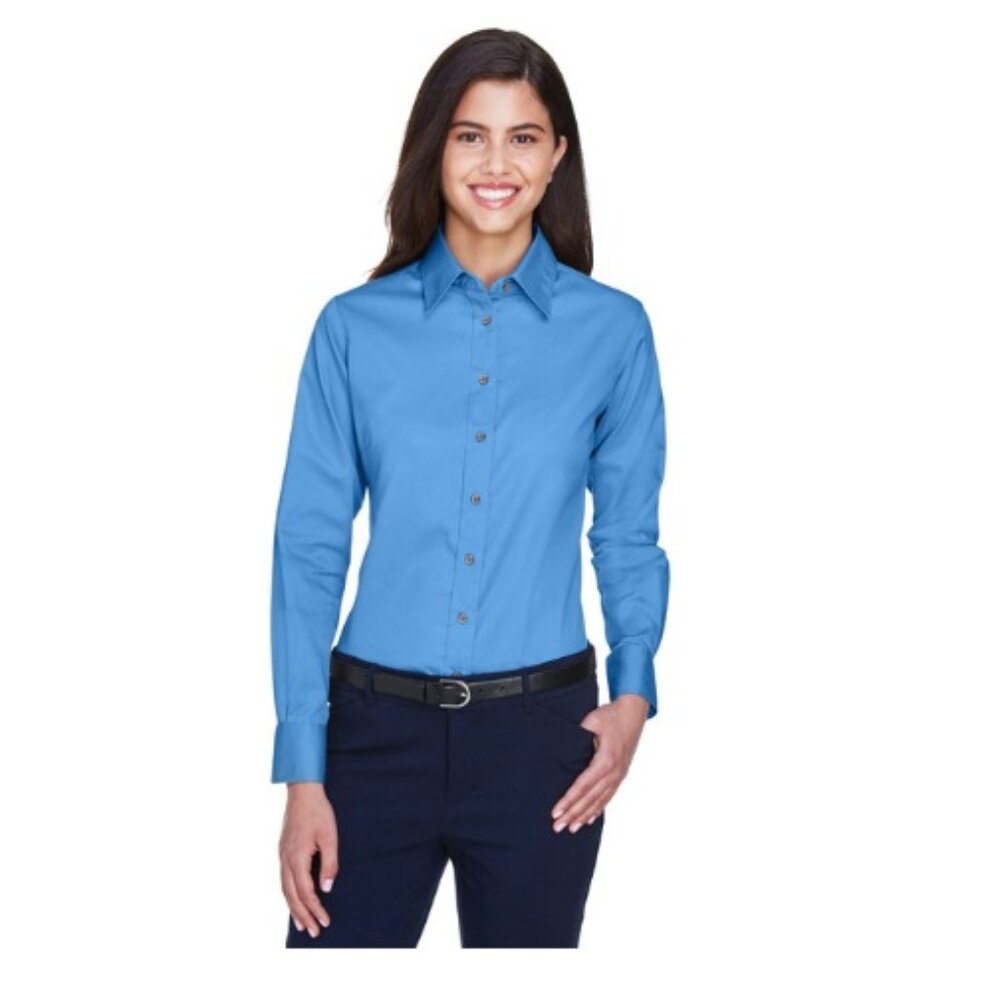 Harriton Nautical Blue Women's Long Sleeve Twill Shirt with Stain Release